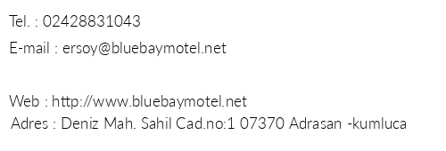 Bluebay Motel telefon numaralar, faks, e-mail, posta adresi ve iletiim bilgileri